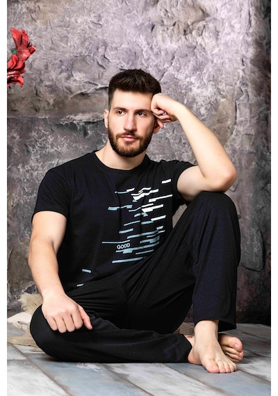 Nisanca Yazlık Kısa Kol %100 Pamuk Erkek Pijama Takımı Siyah