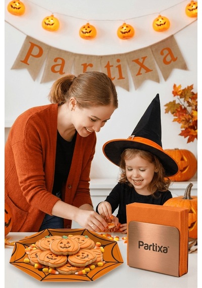 Cadılar Bayramı Örümcek Ağı Turuncu Sekizgen Kağıt Tabak 23 Cm 8'li Paket - Halloween Parti Tabağı Çok Renkli