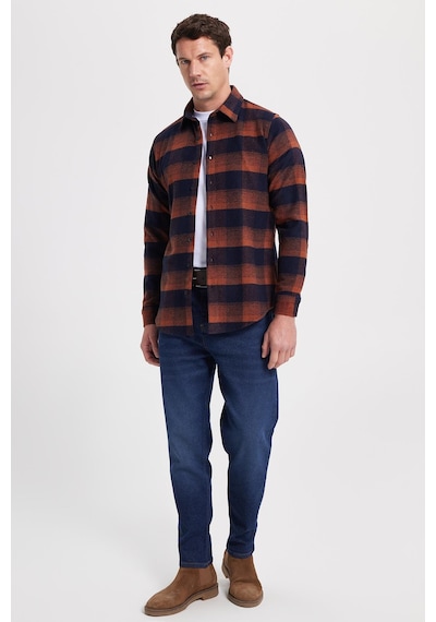 Tudors Erkek Slim Fit Dar Kesim Kareli Kışlık Oduncu Gömlek-42356 Kahverengi