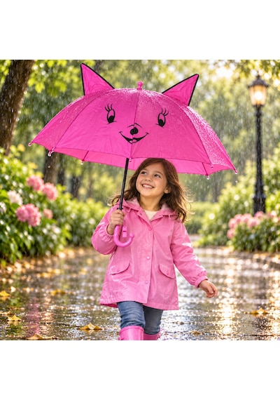 Mubx Kedi Kulaklı Çocuk Şemsiyesi 76 Cm Çap Sevimli Figürlü Düdüklü Yağmur Şemsiyesi Pembe
