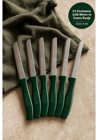 Feller 6'lı Lazer Tırtıklı Paslanmaz Çelik Sebze Meyve Bıçağı 22x2.4 Cm - Yeşil Saplı Soyma Ve Doğrama Seti