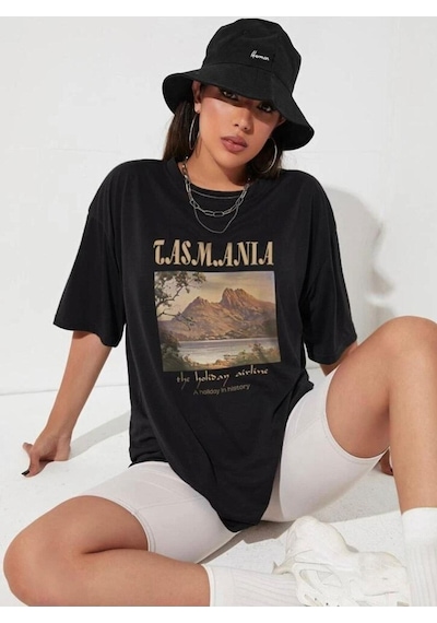Flood Of Style Kadın Siyah Tasmania Baskılı Oversize T-shirt