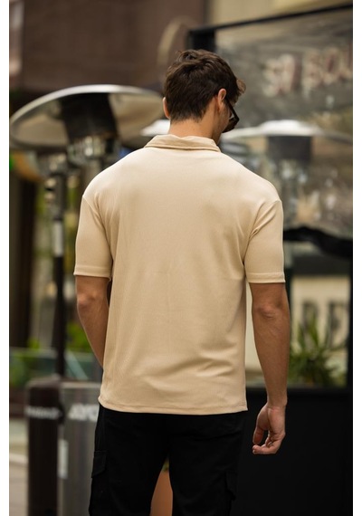 Glasses V Yaka Oversize Fitilli T-shirt - Bej Kahve