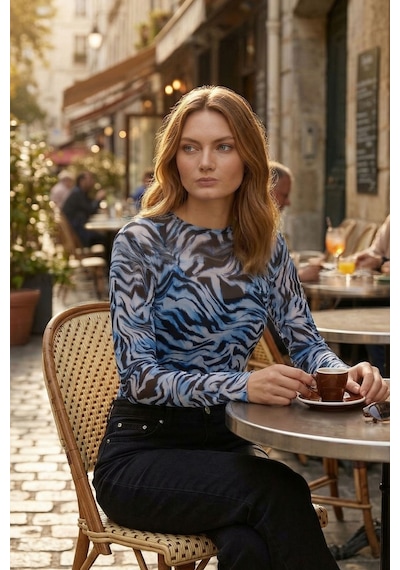 Kadın Mavi Leopar Desenli Transparan Bluz Tül Uzun Kollu Slim Fit Body
