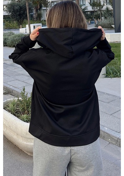 WeShaya Kadın Siyah Kapüşonlu, Fermuarlı, Cepli, Regular Kesim Sweatshirt Siyah