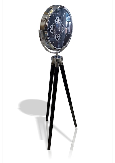 Tripod Tripot 3 Ayaklı Saat Dışarıdan Görünen Gerçek Döner Çarklı Krom Çerçeveli Camlı Yer İstasyon Vitrin Köşe Salon Koridor Eşsiz Hediyelik Masa Duvar Yer Saati