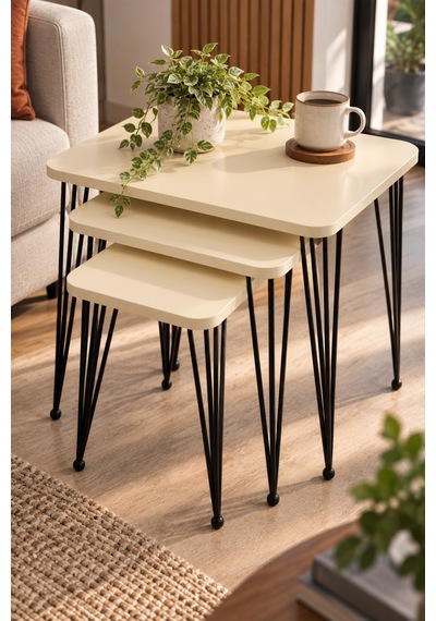 Sulorahome Metal Tel Ayaklı 3'lü Zigon Sehpa Takımı Krem Bej