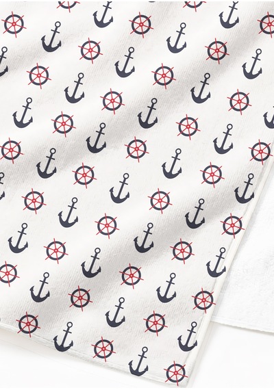 Çapa Dümen Marine Plaj Havlusu - Beyaz Lacivert Kırmızı Nautical Hızlı Kuruyan Mikrofiber Havlu Eski Bulut