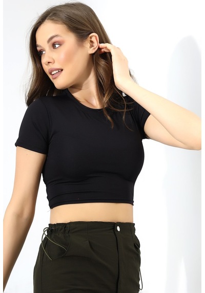 Winmoda34 Kadın Siyah Sırt Dekolteli Crop/krop Beli Lastik Dertaylı Bluz Siyah