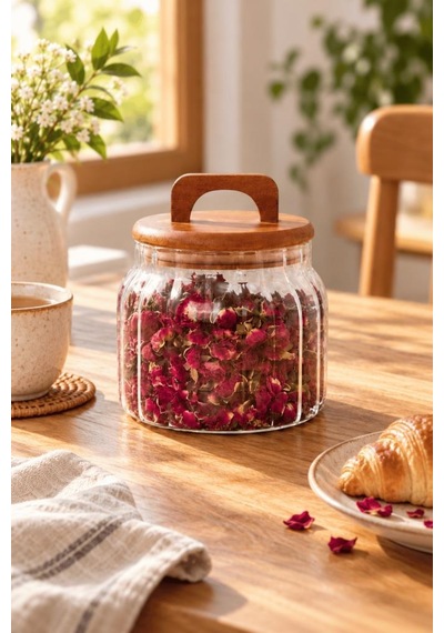 Atbyhome Akasya Kapaklı Çizgili Borosilikat Cam Kavanoz 850 Ml - Vakumlu Büyük Boy Erzak Bakliyat Saklama Kabı