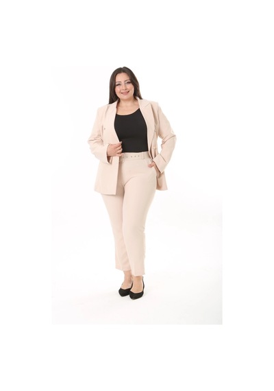 Modasehle Kadın Büyük Beden Dokuma Atlas Kumaş Pantolon Ceket Takım Elbise 10ctk1657 Bej