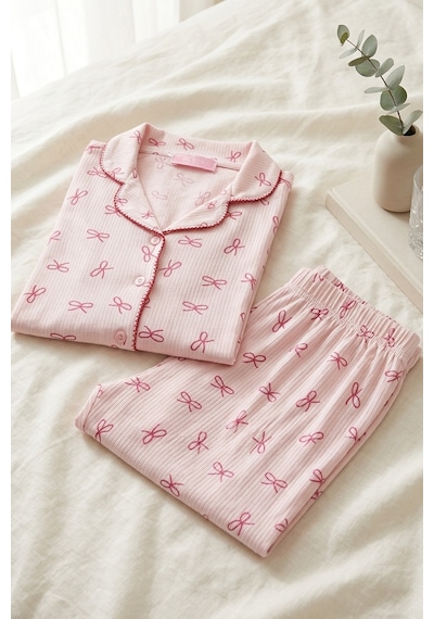 Aura Collections Kadın Pembe Çiçek Desenli Bambu Viskon Uzun Kollu Soft Örme Pijama Takımı