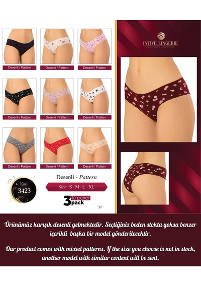 Intive Çiçek Ve Kalp Desenli Pamuklu 3'lü Günlük Kullanım Tanga Çok Renkli Intive Çiçek Ve Kalp Desenli Pamuklu 3'lü Günlük Kullanım Tanga Çok Renkli