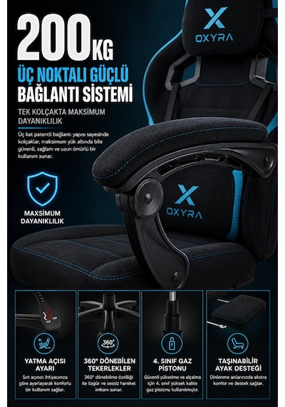 OXYRA Thalron Ergonomik Premium Terletmez Kumaş | Bel Masaj Destekli Oyuncu Koltuğu