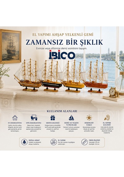 İbico İ12-237 Masaüstü Dekoratif Yelkenli Gemi Süs Eşyası Uzunluk : 30cm Genişlik : 32cm Orta Ahşap Diğer