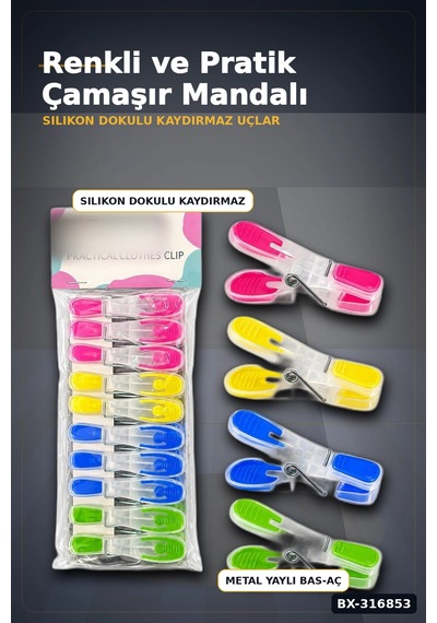 Silikon Ağızlı Şeffaf Plastik Mandal Seti, Bas Aç Pratik Çamaşır Mandalı 10 Adet Bx-316853 Diğer