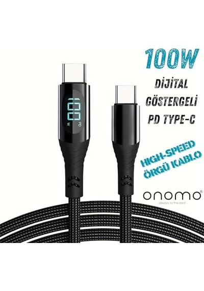 100w Type-c Dijital Göstergeli Şarj Ve Veri Kablosu, Örgülü, 1.2 Metre, Siyah