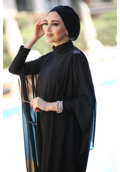 Remsa Mayo Tesettür Mayo Üzerine Desenli Tek Kaftan Pareo Rp001 Siyah Siyah