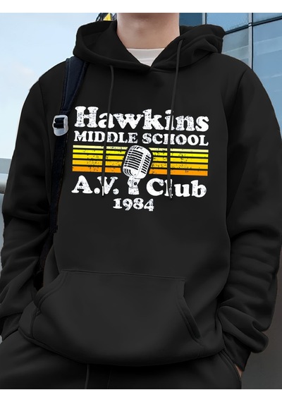 Startmore Startmorehawkins Ortaokulu A.v. Club Prints Erkek Kapüşonluları Sonbahar Cepli Kazak Temel Polar Gevşe Siyah