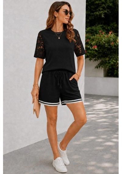 Defymoda Kadın Kısa Kollu Bisiklet Yakalı Waffle Bluz Ve Short Ikili Takım Siyah Defymoda Kadın Kısa Kollu Bisiklet Yakalı Waffle Bluz Ve Short Ikili Takım Siyah