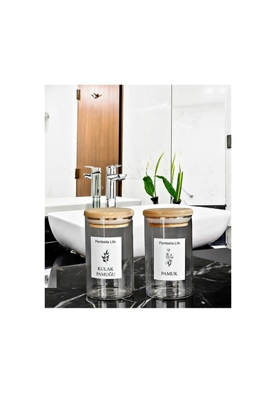 Bambu Kapaklı Cam Kulak Pamuğu Ve Pamukluk 250 Ml Şeffaf Şeffaf
