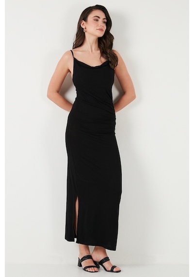 Lela Büzgü Detaylı Slim Fit Yırtmaçlı Uzun Boy Asimetrik Yaka Bayan Elbise 5866291 Siyah