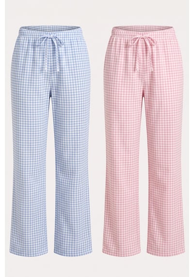 Siyah İnci 2'li Fiyonk Desenli Yumuşak Tuşe Kışlık Örme Tek Alt Pijama Altı 8074 Pembe Mavi Ekose