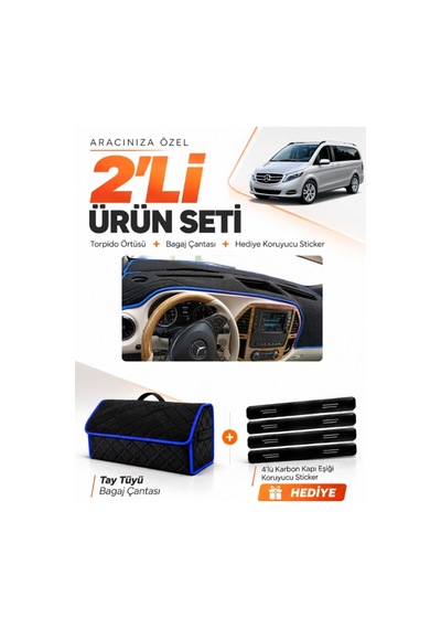 E-biz Mercedes Viano W447 2014-sonrası Uyumlu Torpido Örtüsü + Tay Tüyü Çanta - Siyah-mavi - Mb023