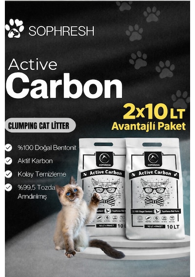 Sophresh Aktif Karbonlu Topaklanan Kedi Kumu 2x10 L %100 Doğal Bentonit, Güçlü Topaklanan