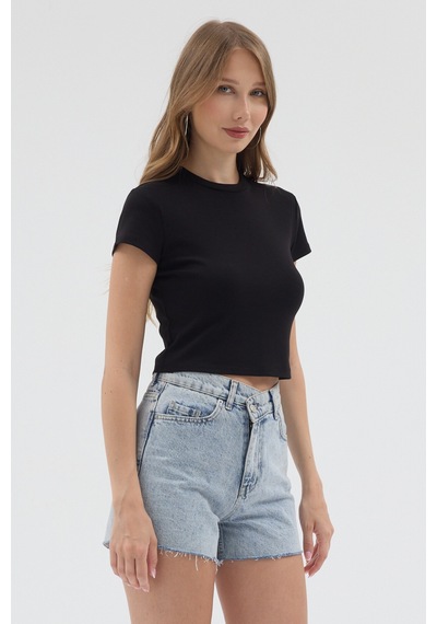 Urbantrendstore Kadın Bisiklet Yaka Likralı Kısa Kol Body Crop Bluz Günlük Şık Sade Yazlık Casual Crop Kadın Crop Siyah