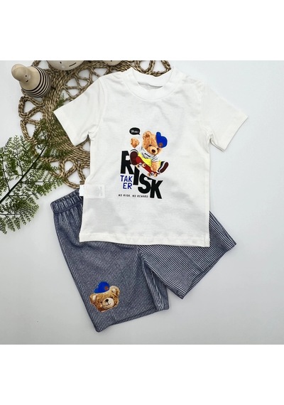 Veraura Lifestyle 1-2-3 Yaş Kaykaycı Ayı Baskılı Şortlu Kısa Kollu Tişört 2li Erkek Bebek Takımı İndigo