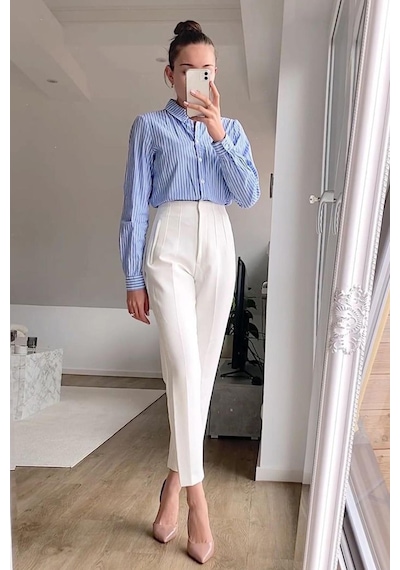 Madmext Beyaz Önü Biyeli Yüksek Bel Kadın Pantolon Mg2425 Beyaz