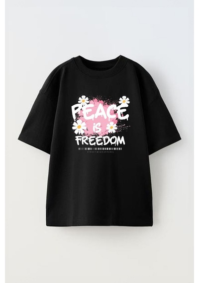 Thewert Unisex Peace İs Freedom Tasarım Baskılı Pamuk Sıyah Oversize T-shirt Siyah