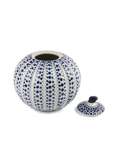 Mavi Noktalı Seramik Küp Kapaklı Vazo 19x20cm Mavi Beyaz