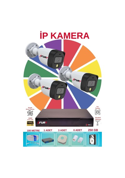 Fury 3 Lü Ip Güvenlik Kamera Seti Sesli 4mp Gece Renkli Su Geçirmez 5515s 250gb