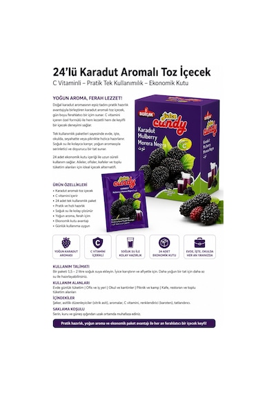 24 Lü Karadut Aromalı Toz İçecek Vitamin C İçerikli Pratik Tek Kullanımlık Soğuk İçecek Tozu Diğer