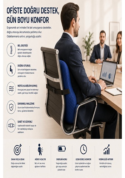 Ergonomik Ve Ortopedik Sırt Minderi Doğru Destek, Konforlu Oturuş Lacivert