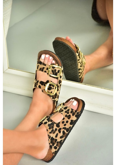 Fox Shoes P777517402 Leopar Süet Çift Bantlı Kadın Terlik Leopar-süet Çok Renkli