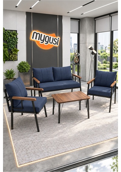Mygusi Erva Serisi Balkon, Bahçe, Cafe - Metal Kanepe Koltuk Takımı - 211 40 70 Sehpalı - Lacivert
