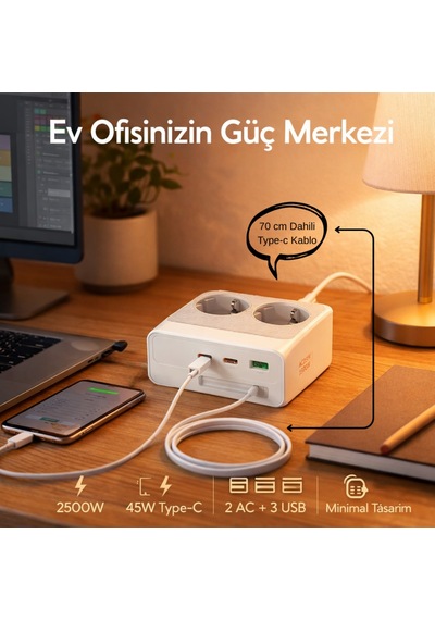 45w Pd Hızlı Şarjlı 2 Li Akım Korumalı Priz 2x Type-c + Usb-a 2500w Çoklu Şarj İstasyonu 1
