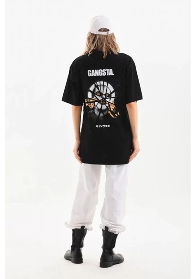 İllüstrasyon Baskılı Unisex Günlük Stil Siyah Pamuklu Oversize Ti