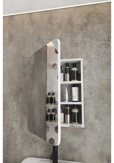Oval Kapaklı %100 Mdf Aynalı Banyo Dolabı Üstü 70x50 Üst Dolap Beyaz