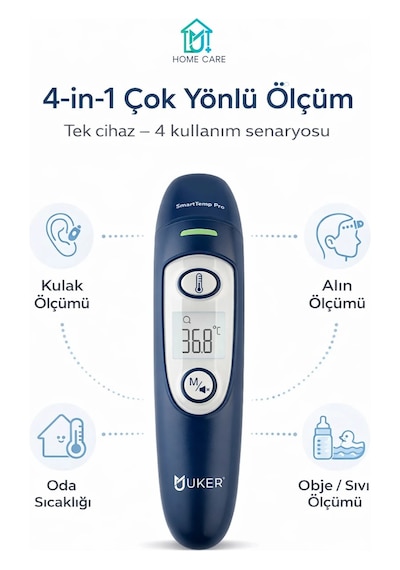 Uker Smarttemp Pro Temassız Termometre 4 Ü 1 Arada Kulak Alın Ateş Ölçer Renkli Uyarı
