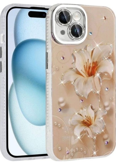 Apple Uyumlu iPhone 14 Kılıf Çiçek Desenli Parlak Taşlı Sert Silikon Zore Garden Kapak Pembe Açık