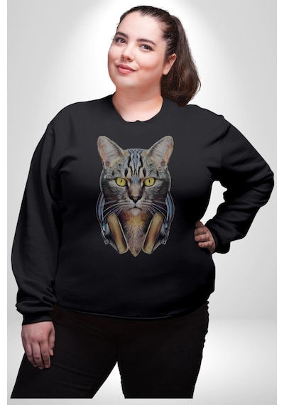 Kulaklık Kedi Unisex Siyah Baskılı Sweatshirt Siyah