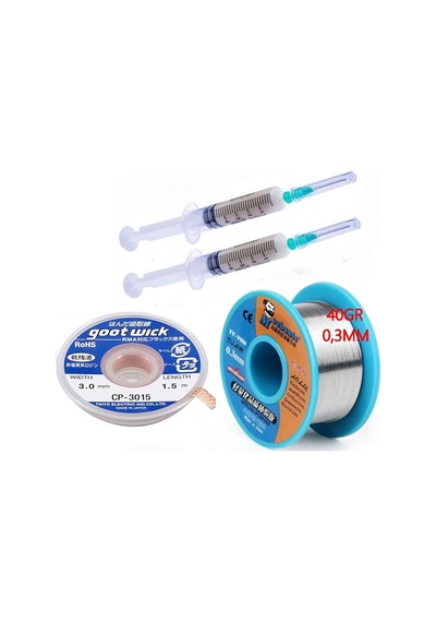 Dörtlü Set Flux,lehim Emme Tel 3,0mm Ve Lehim Teli Soldering 63sn/37pb Flux %1-3 40gr 03mm
