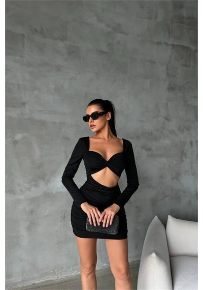 Dip Moda Kadın Sırt Ve Göğüs Dekolteli Mini Elbise Dpnbdf079 Siyah