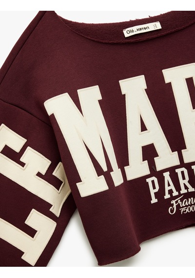 Koton Şardonlu Uzun Kollu Baskılı Kayık Yaka Oversize Crop Sweatshirt Bordo 6wal10574ık Bordo