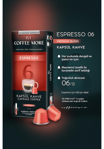 Coffee More 6 Espresso Kapsül Kahve 10 X 4 Paket 40 Adet Nespresso Uyumlu Kapsül Kahve