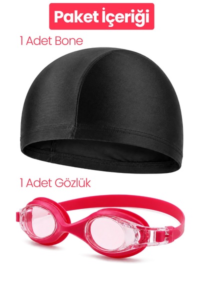 Set Yüzücü Gözlüğü Kumaş Bone Set Yüzme Havuz Deniz Gözlüğü Ve Bone Pembe